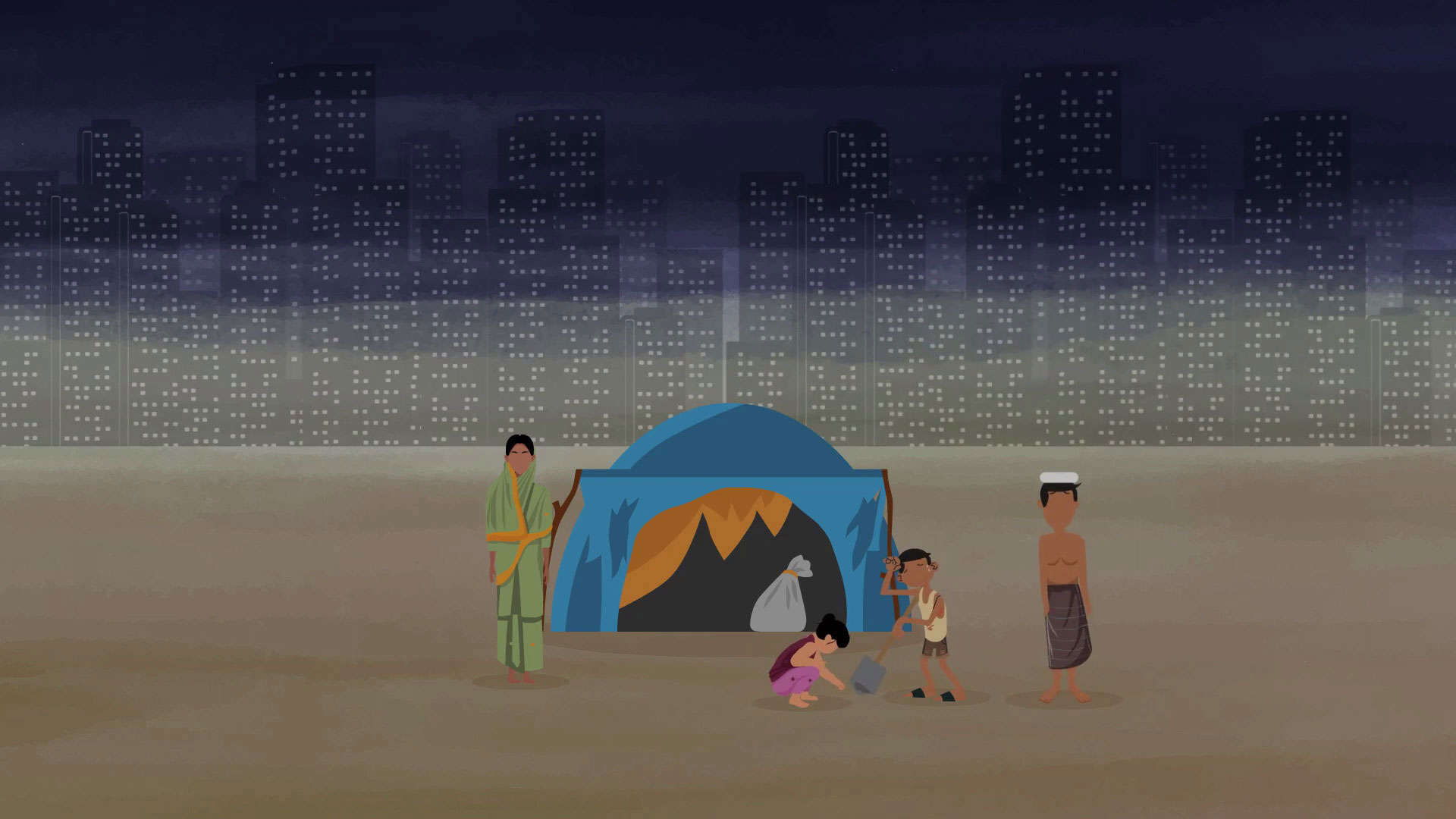 An animated explainer video presenting IJM, featuring a group of people gathered in front of a tent.