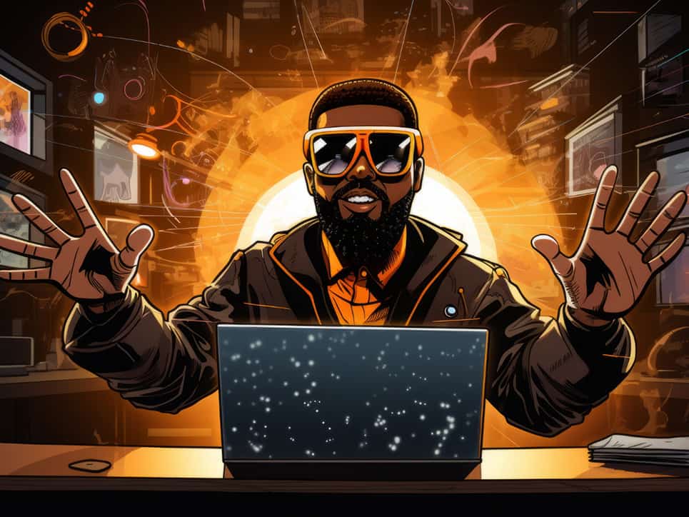 Illustration of a bearded man with sunglasses working on a laptop for explainer video production, set against a vibrant digital backdrop.