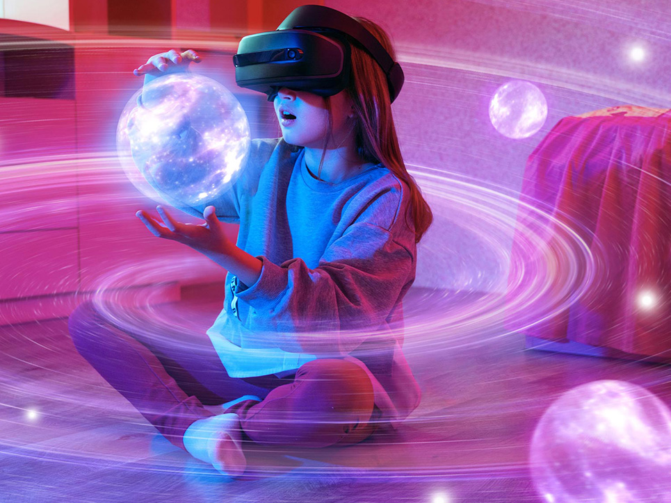 A person experiencing virtual reality with glowing orbs and light trails emphasizing a futuristic atmosphere, perfectly captured in an explainer video production.